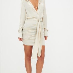 PLT Champagne Satin Ruched Shirt Dress